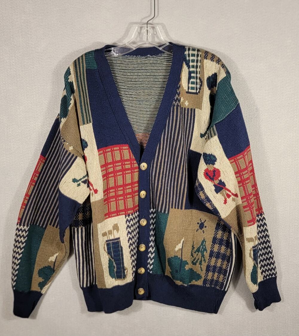 Vintage 90s Golf Novelty Patchwork Cardigan Sweater Mens XL Coogi Style
